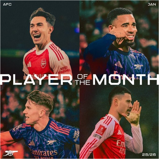 阿森纳1月最佳候选：哲凯赖什、苏比门迪、热苏斯、马丁内利